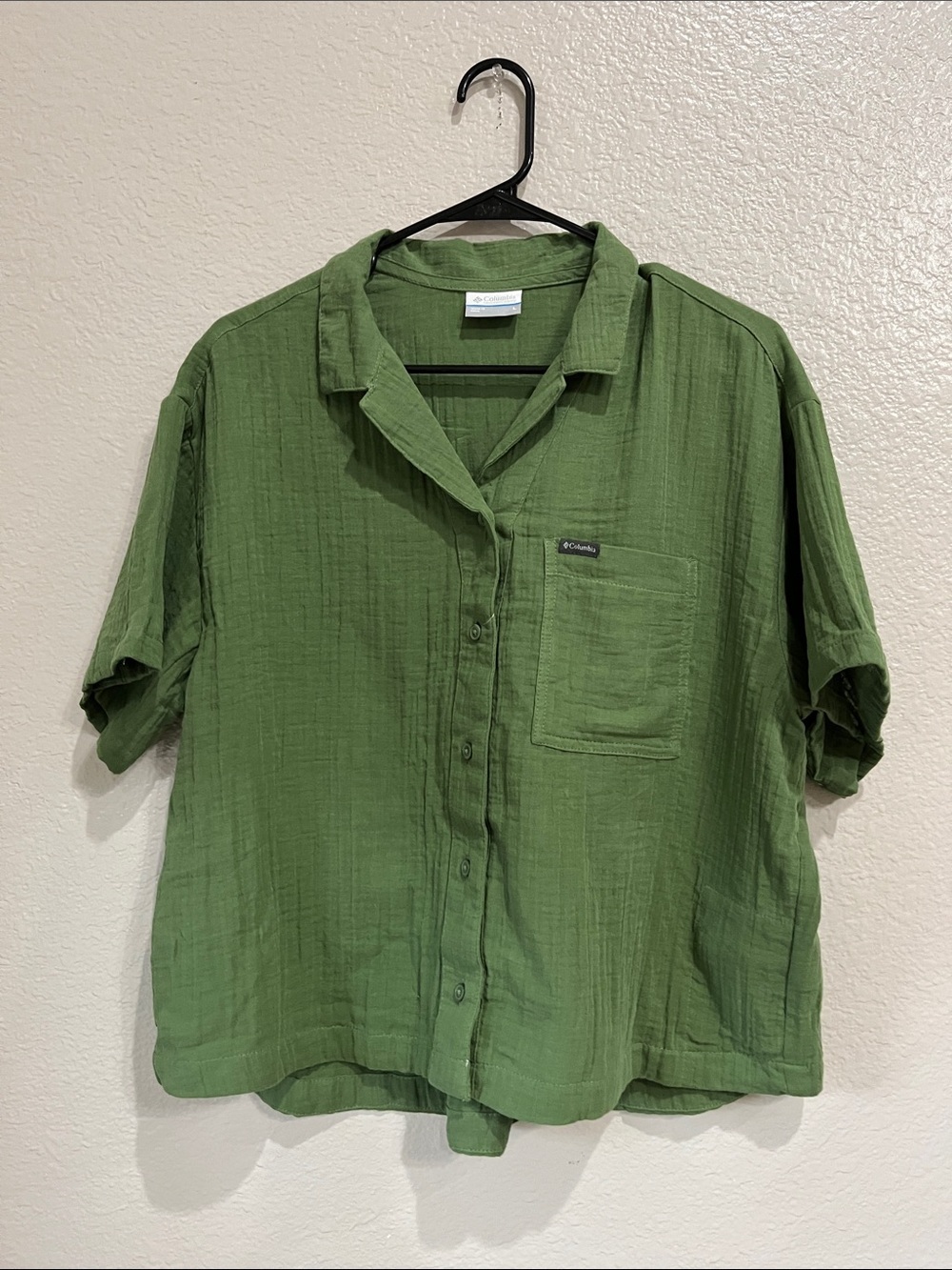 Columbia Olive Green Short Sleeve Button-Up Cropped Shirt Sz L Boho TC0409